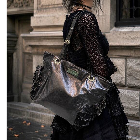 Betsey Johnson Handbags - vintage Betsey Johnson Gunmetal Tote Bag with Ruffle Lace Accents 2006-2009